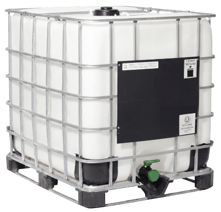 Rebottled 275 gallon IBC — new bottle in a reconditioned cage