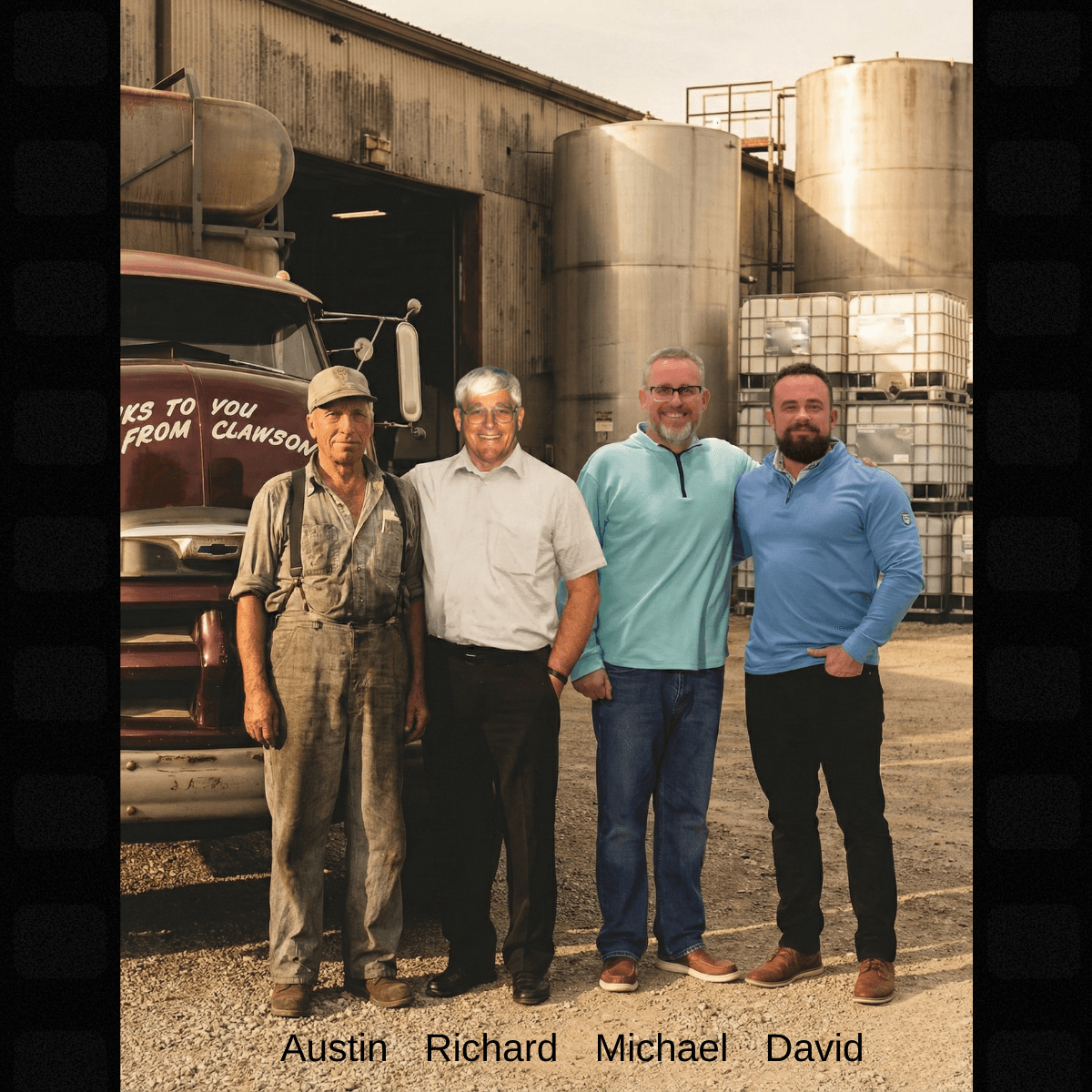 Four generations of the Harding family standing in front of a vintage Clawson Container truck and IBC totes
