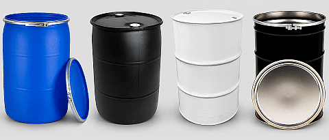 55 gallon plastic drum and 55 gallon steel drum side by side